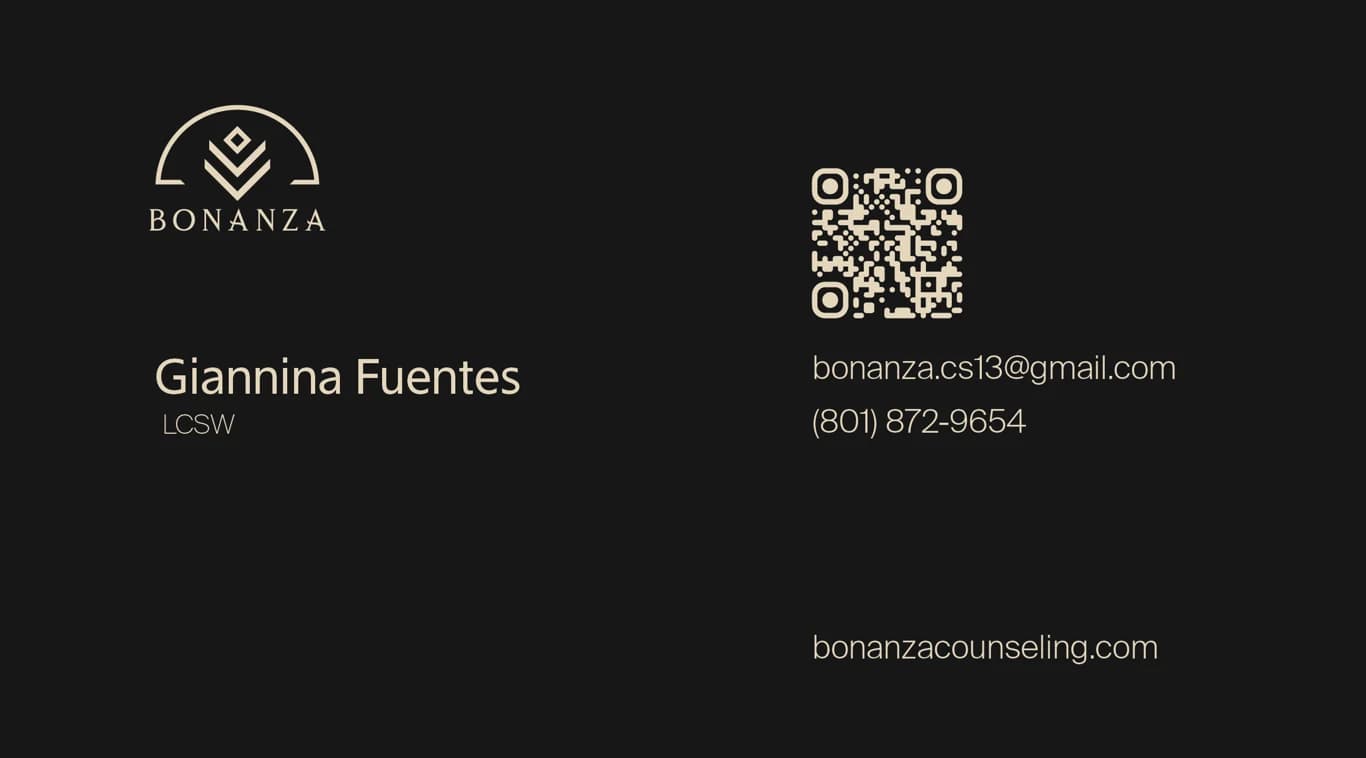 Back of the Bonanza Counseling Services business card with contact details and a QR code
