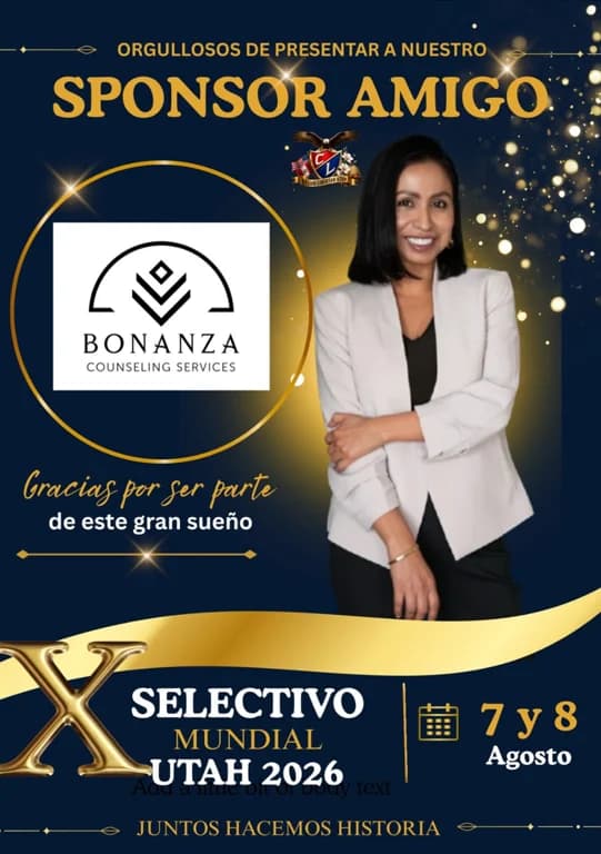 Social media sponsor announcement for Bonanza Counseling Services at Selectivo Mundial Utah 2026