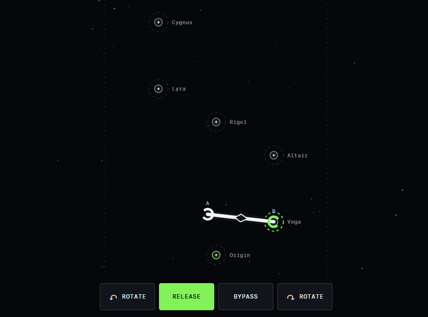 Driftlock Phase 1 physics lab showing the two-ended spacecraft locked to Vega among a field of stars